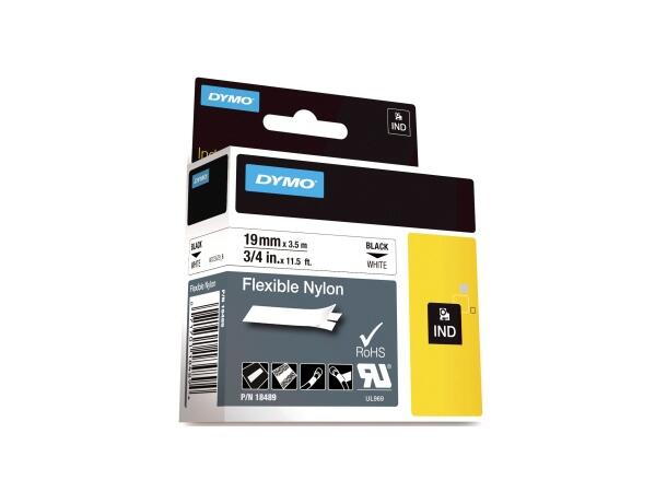 Tape DYMO Rhino nylon sort/hvit 19mm 